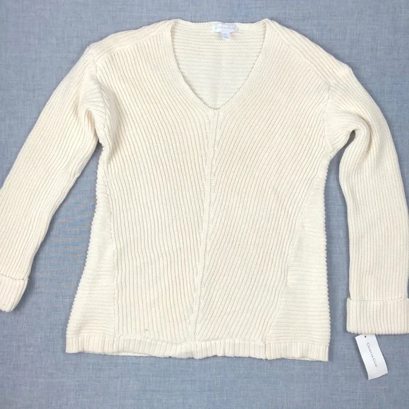 Charter Club Ivory V Neck Cuffed Sweater X-Small - Picture 2 of 6